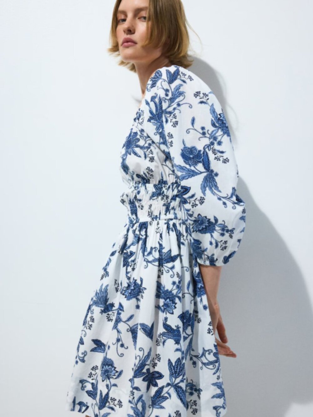 H&M Dress Women L White Blue Floral Cotton Puff Sleeve Mini Cottagecore NWT